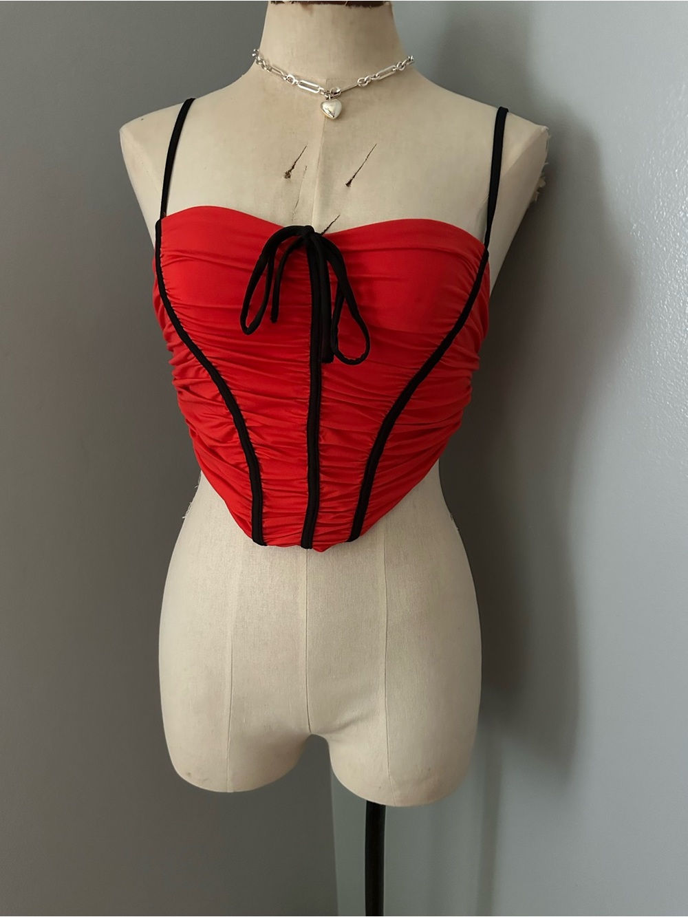 Forever 21 Red Ruched Corset Cami with Black Trim